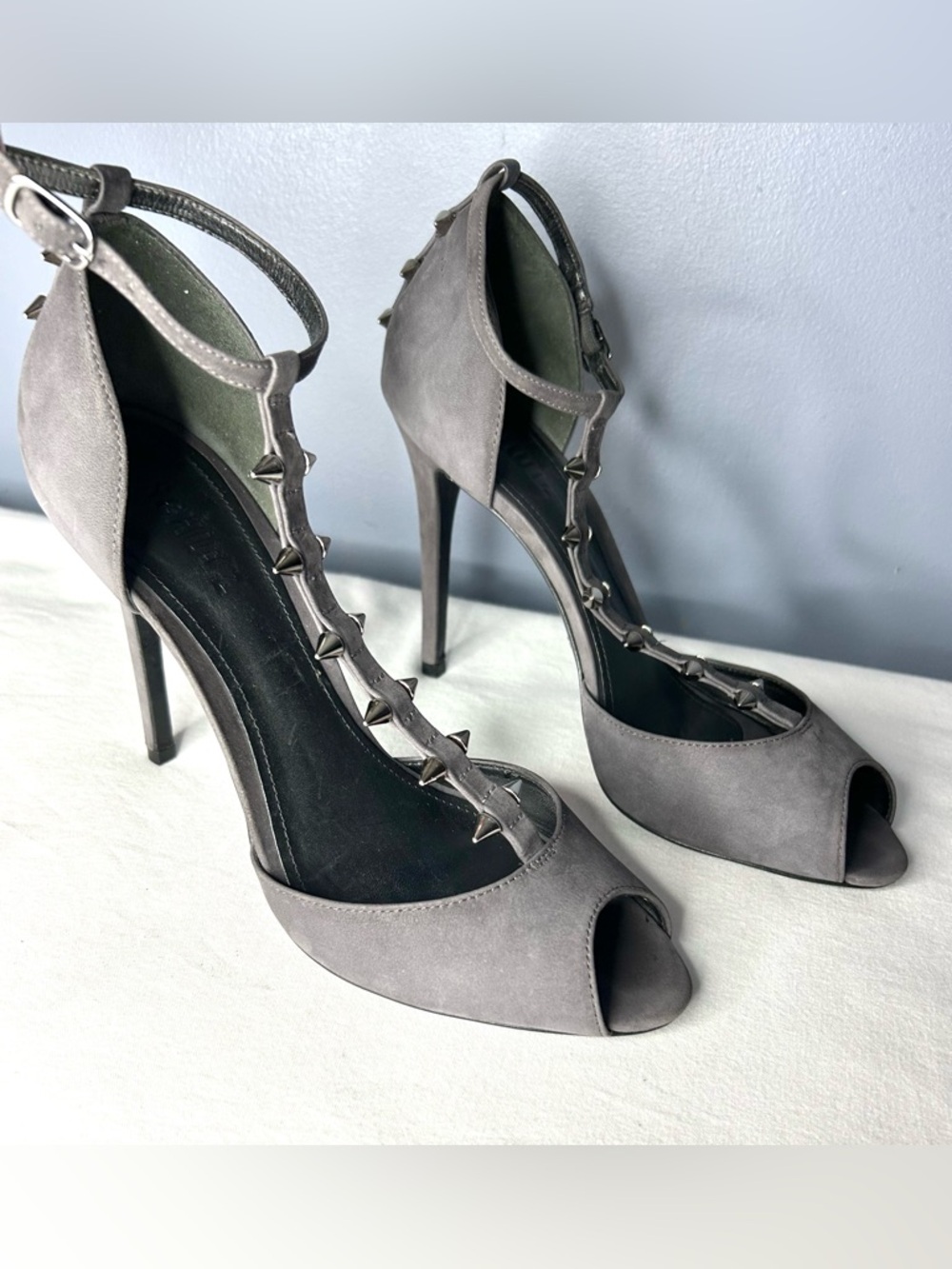 SCHUTZ Shoes 9.5 Gray Benten Spike‎ Studded Suede Peep Toe Heels T Ankle Strap